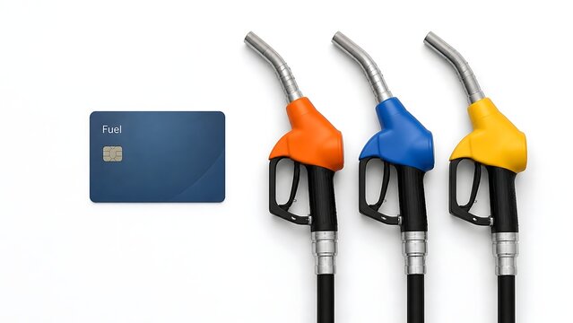 Minimalist studio photography of a sleek matte blue fuel card next to three colorful gas pump nozzles