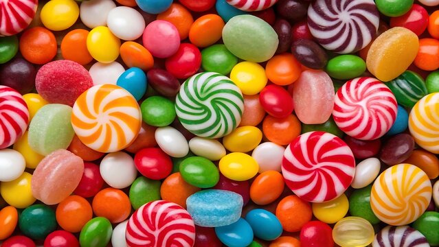 Vibrant and colorful macro shot of various sweet candies including peppermint swirls and sugar coated treats