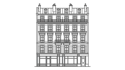 Elegant Parisian Haussmann Building Facade Outline Drawing © kuni