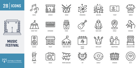 Fototapeta premium Music festival icon set. including microphone, ticket, speaker, headphones, camera, music note and more. outline icon set. vector illustration with editable stroke A