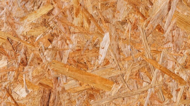 Detailed macro texture of premium oriented strand board with natural wood chips, warm golden brown palette, modern construction material background