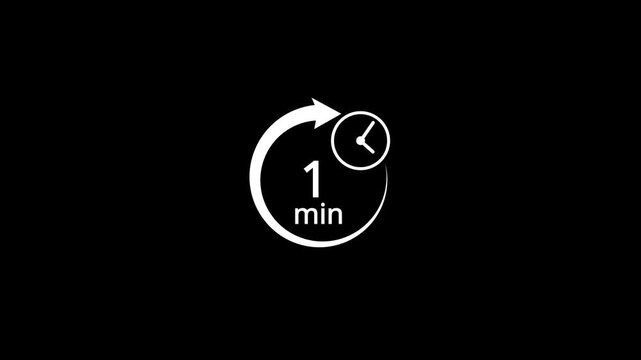 1 Minutes Clock Animation with Circular Arrow Loop and Black Background for Time Management and Deadlines.Animation video timer icon with five min. timer 1 minutes countdown ..