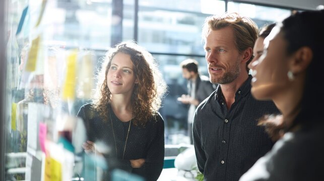 diverse business team discussing project in modern office, brainstorming, natural light, documentary corporate photography