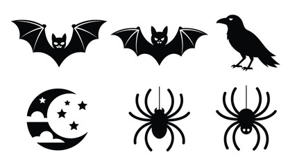 Fototapeta premium Collection of eerie Halloween night creature and celestial symbols in black silhouettes