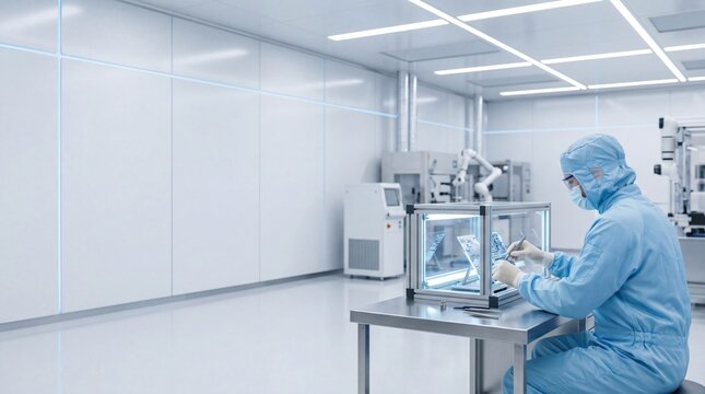Technician in blue protective suit working with microscope in pharmaceutical laboratory, biotechnology research, medical science innovation and drug development concept background.