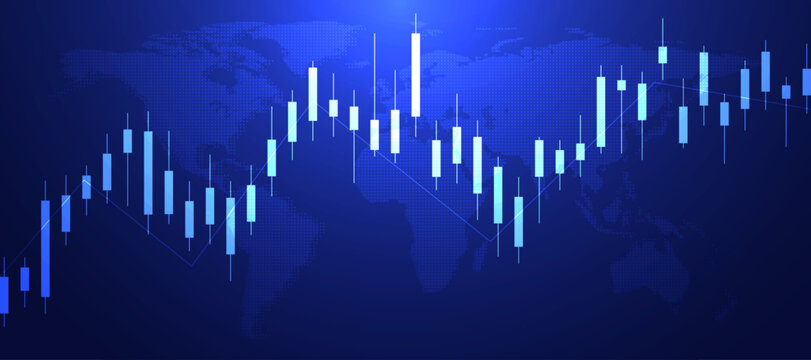 Financial stock market chart with blue candlesticks showing downward trend on dark grid background.
