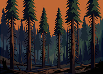 Dramatic coniferous forest at sunset. Tall trees create a layered effect, bathed in warm, golden light. Evokes a sense of wilderness and tranquility. © Vector Factory