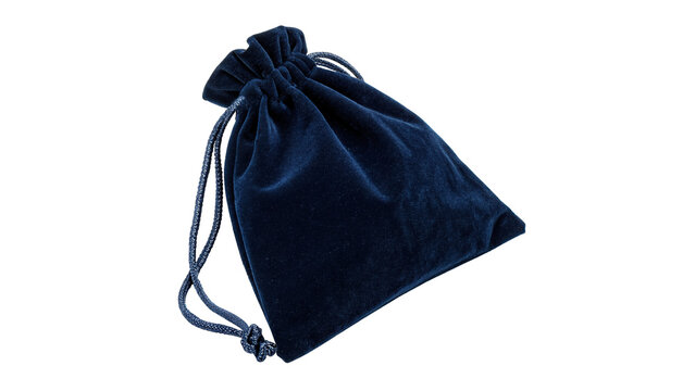 Small dark blue velvet pouch bag with drawstring closure isolated on transparent background cut out