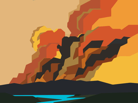 Dramatic pyroclastic cloud fire storm illustration. Bold, geometric style. Intense orange and dark tones create a striking visual. Perfect for weather, disaster, or abstract concepts.