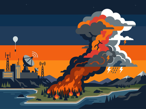 Dramatic pyroclastic flow simulation shows atmospheric interaction, heat plume, and lightning.  Illustrates meteor research monitoring with a cityscape backdrop.  Vibrant, layered colors.