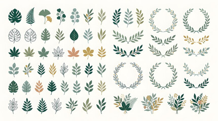 Fototapeta premium Set of Elegant Hand Drawn Botanical Leaf Elements and Decorative Floral Wreaths for Wedding Design and Nature Graphics