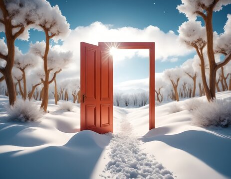 Surreal and whimsical concept: a door in the middle of a desert opening to a snowy forest
