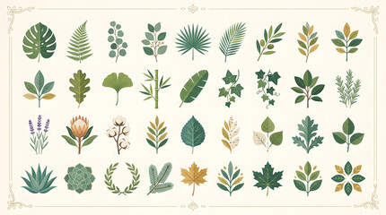 Fototapeta premium Hand-drawn botanical nature collection featuring various green leaves colorful garden flowers and decorative laurel wreaths for natural designs