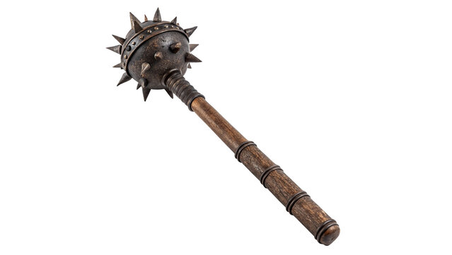 Vintage heavy dark metal spiked mace warrior weapon with wooden handle isolated on transparent background cut out