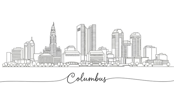 Columbus skyline sketch, hand-drawn city silhouette, Ohio modern architecture, clean line art