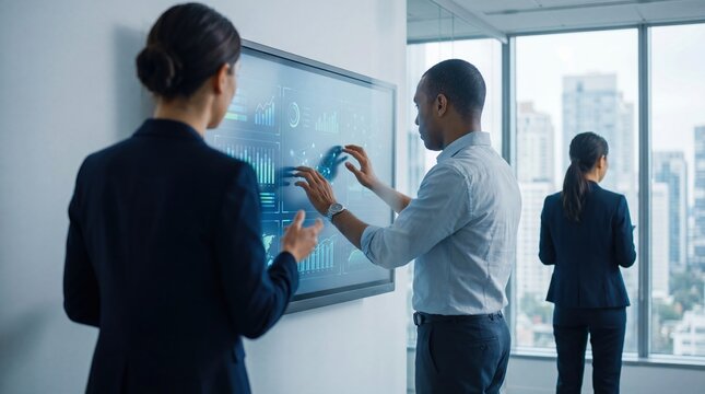Diverse business team analyzing financial data on interactive touchscreen display in modern office, corporate strategy meeting, market research and analytics concept