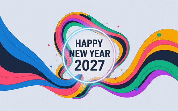 Happy New Year 2027 Rainbow Wave Circle Greeting Card Abstract Swirl Design for Holiday Celebration