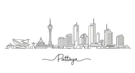 Fototapeta premium Pattaya cityscape skyline, Thailand, modern architecture, continuous line drawing