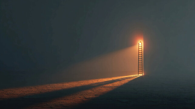 Candle flame casting shadow of ladder small flame big effect surreal glowing minimalism abstract conceptual visualization symbolic influence incremental impact and illumination in minimal scene