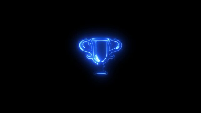 Neon glowing trophy cup with a star icon changing colors on a dark black background.
