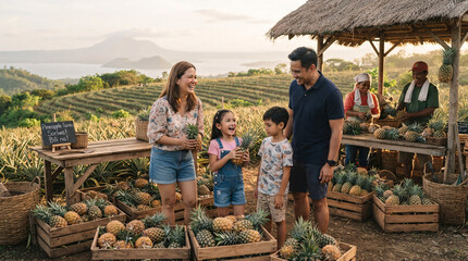 Obraz premium Family visiting a pineapple farm and selecting fresh fruit during a scenic countryside outing