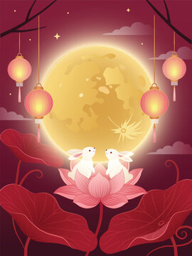 Mid Autumn Festival poster with white rabbits sitting on pink lotus flowers under glowing full moon. Red burgundy background with hanging pink lanterns and traditional Asian elements.