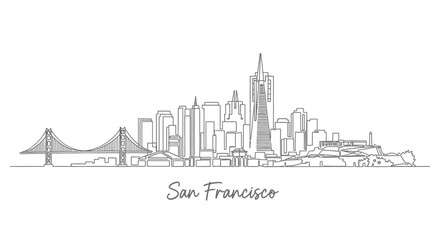 Naklejka premium San Francisco Skyline Illustration: Minimalist Line Art on White