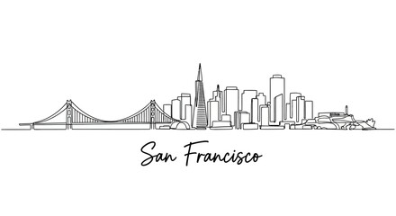 Obraz premium San Francisco Skyline Minimalist Line Art Drawing, Golden Gate Bridge & Cityscape