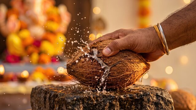 Sacred Coconut Breaking Ritual &ndash; Lord Ganesha Festival Offering