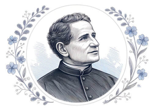 Portrait of saint john bosco in an oval floral frame vintage engraving illustration isolated on transparent background