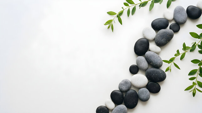 Smooth black and gray spa stones arranged in a wave pattern with green leaves for a relaxing and peaceful zen atmosphere