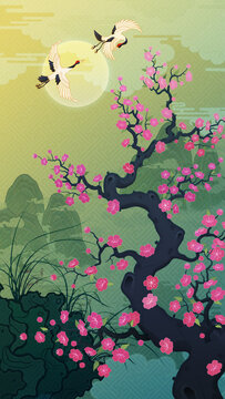 Oriental-style landscape painting illustration, traditional Korean art, image of a folding screen featuring plum blossoms