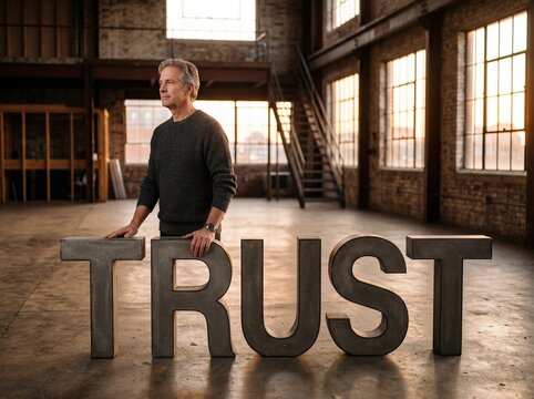Confident mature man with grey hair stands beside large concrete letters spelling trust in industrial loft