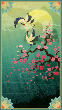 Oriental-style landscape painting illustration, traditional Korean art, image of a folding screen featuring plum blossoms, with a crane