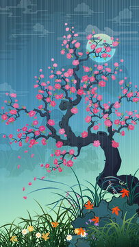 Oriental-style landscape painting illustration, traditional Korean art, image of a folding screen featuring plum blossoms