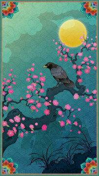 Oriental-style landscape painting illustration, traditional Korean art, image of a folding screen featuring plum blossoms