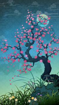 Oriental-style landscape painting illustration, traditional Korean art, image of a folding screen featuring plum blossoms