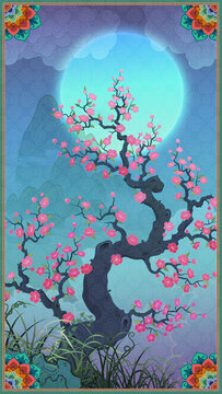 Oriental-style landscape painting illustration, traditional Korean art, image of a folding screen featuring plum blossoms