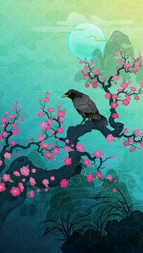 Oriental-style landscape painting illustration, traditional Korean art, image of a folding screen featuring plum blossoms