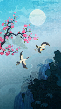 Oriental-style landscape painting illustration, traditional Korean art, image of a folding screen featuring plum blossoms, with a crane