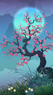 Oriental-style landscape painting illustration, traditional Korean art, image of a folding screen featuring plum blossoms