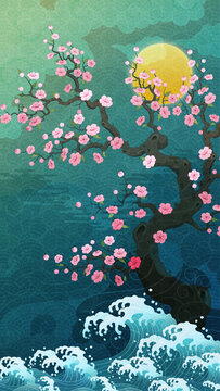 Oriental-style landscape painting illustration, traditional Korean art, image of a folding screen featuring plum blossoms