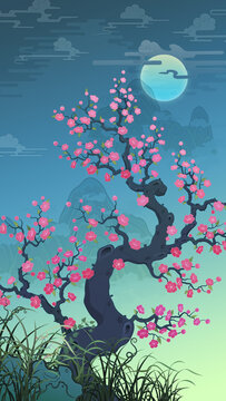Oriental-style landscape painting illustration, traditional Korean art, image of a folding screen featuring plum blossoms