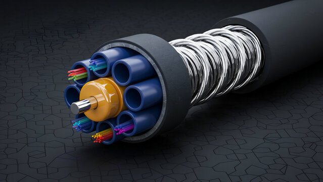 Cross section of a high-tech fiber optic cable showing internal colored glass strands, protective layers, and metallic spring shielding