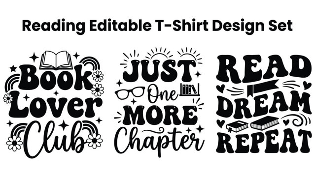 Reading Editable TShirt Design Set with Book Lover Club and Typography