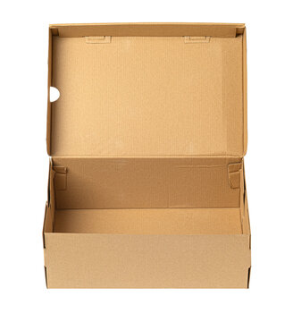 Empty brown cardboard shoebox with open lid