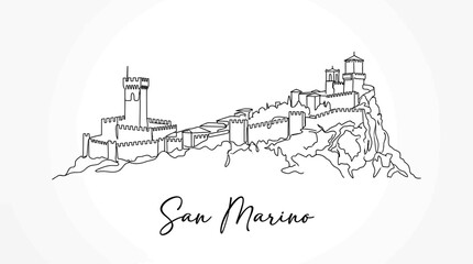 Obraz premium San Marino Fortress Line Art Illustration, Black and White, Tourist Destination