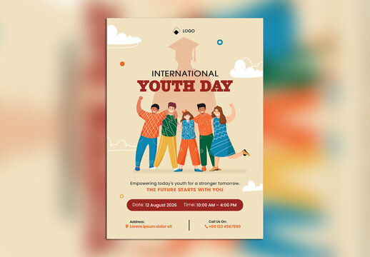 Editable International Youth Day Celebration Flyer Template with Youth Empowerment Theme and Event Details.