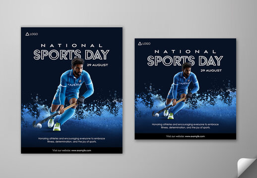 Editable National Sports Day Social Media Post Template Set with Indian Male Hockey Player in Action Pose Photo.