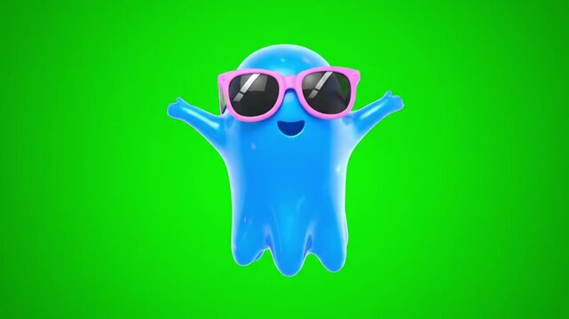 Cute Blue Alien Character Wearing Pink Sunglasses On Green Screen. 4K Video